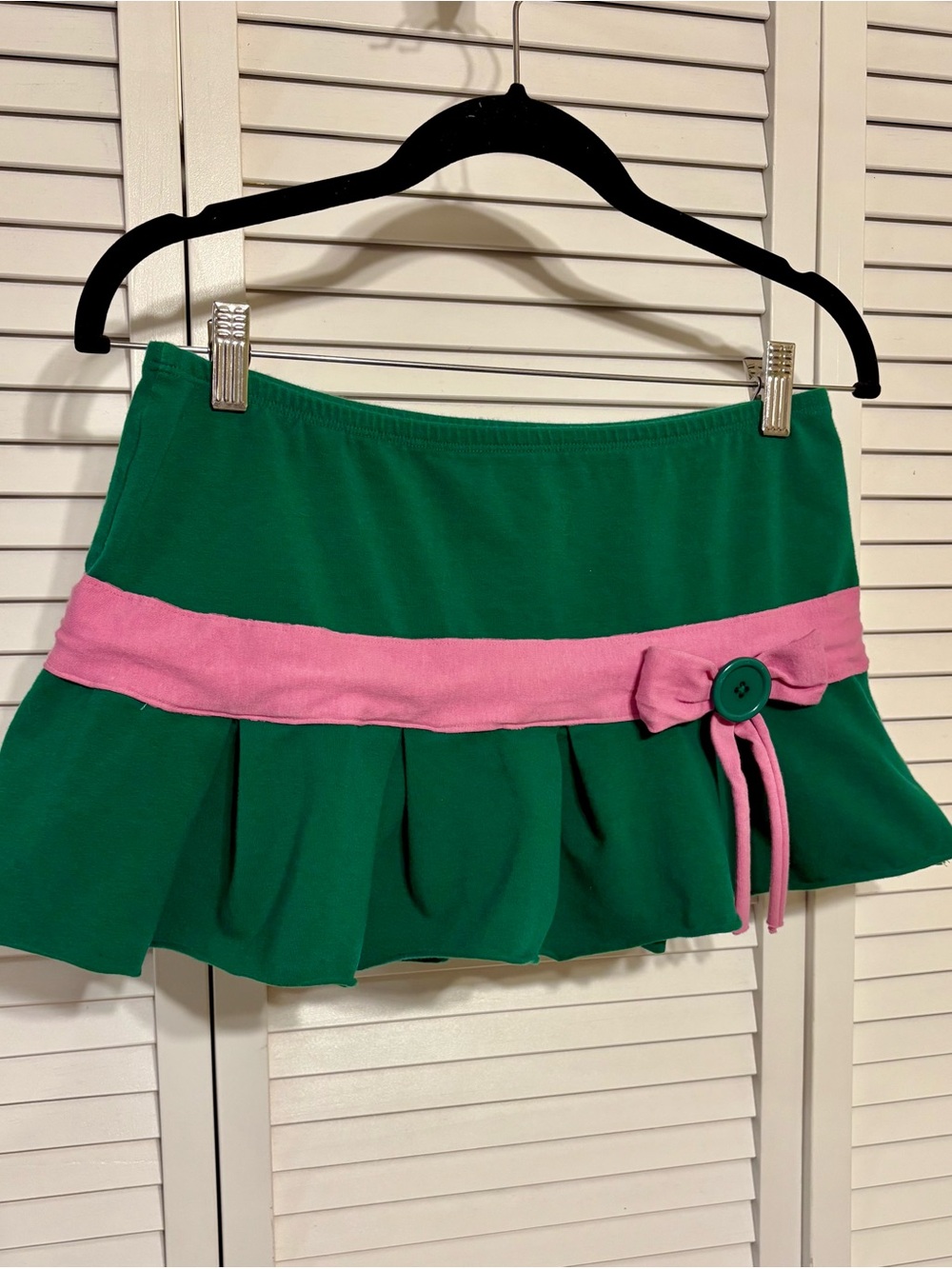 Vintage Y2K Green and Pink Ruffle Ultra Mini Skirt with Button Bow Detail